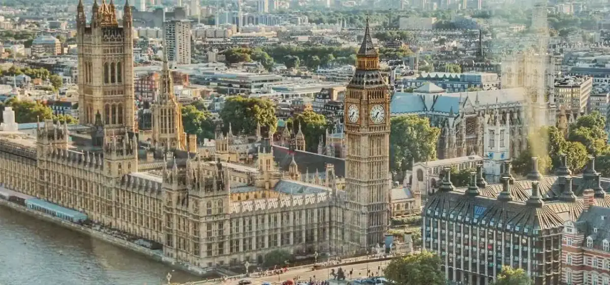 Aerial view of Big Ben and the Houses of Parliament, a premier destination for private jet charter to London, England