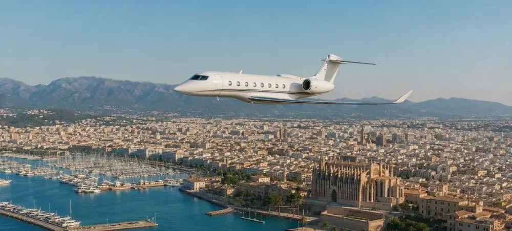 Private jet flying across the cityscape of Palma de Mallorca