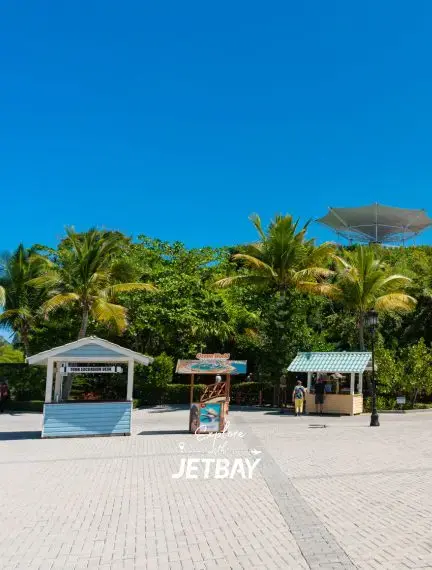 Sunny open-air plaza in Puerto Plata with tropical palms, tour excursion kiosks, and a modern shade structure near local attractions
