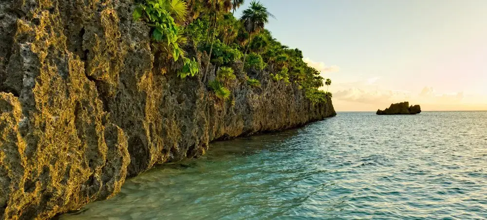 Scenic landscape view of Roatan Honduras coral reef and coral rock
