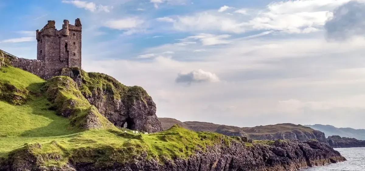 Scottish castle on rugged coastal cliffs overlooking the Scottish Highlands, a destination accessible by private jet charter
