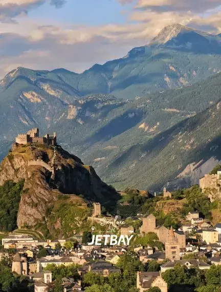 Aerial view of the historic street in Sion old town, Switzerland, with stone buildings and Alpine character