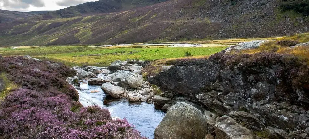 Rocky highland stream near heather moorland in Speyside, Scotland, a private jet charter destination for whisky distillery