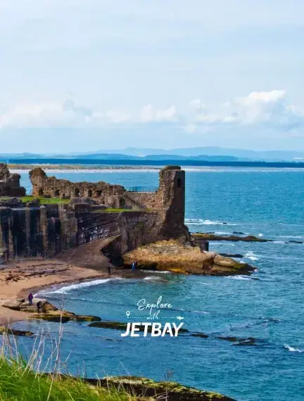 Stone ruins of St Andrews Castle overlooking the North Sea from the Fife cliffs