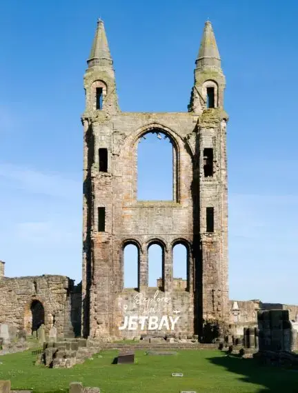 Medieval ruins and surviving tower of St Andrews Cathedral beside the Fife coast