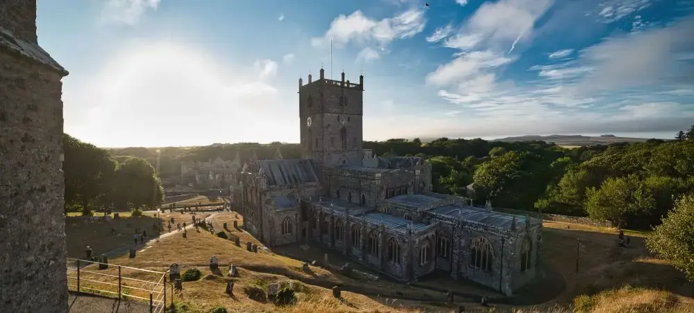 Aerial view of St Davids Cathedral nestled in the Pembrokeshire countryside, a destination accessible by private jet