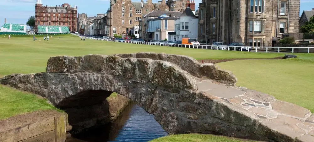 Swilcan Bridge on the 18th fairway of the Old Course at St Andrews, the iconic home of golf in Scotland