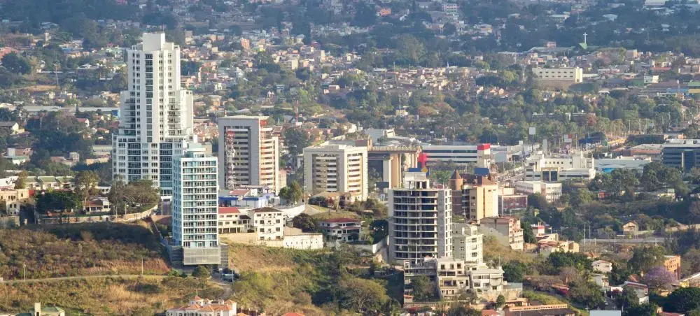 Business district in Tegucigalpa, Honduras, with mountain views