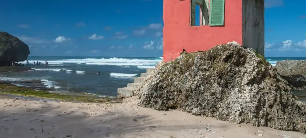 Wrecked house on the beach at Bathsheba on the Atlantic east coast of Barbados
