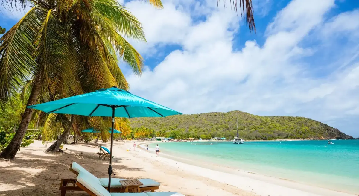 Pristine Caribbean beach with turquoise waters, palm trees, and luxury sun loungers