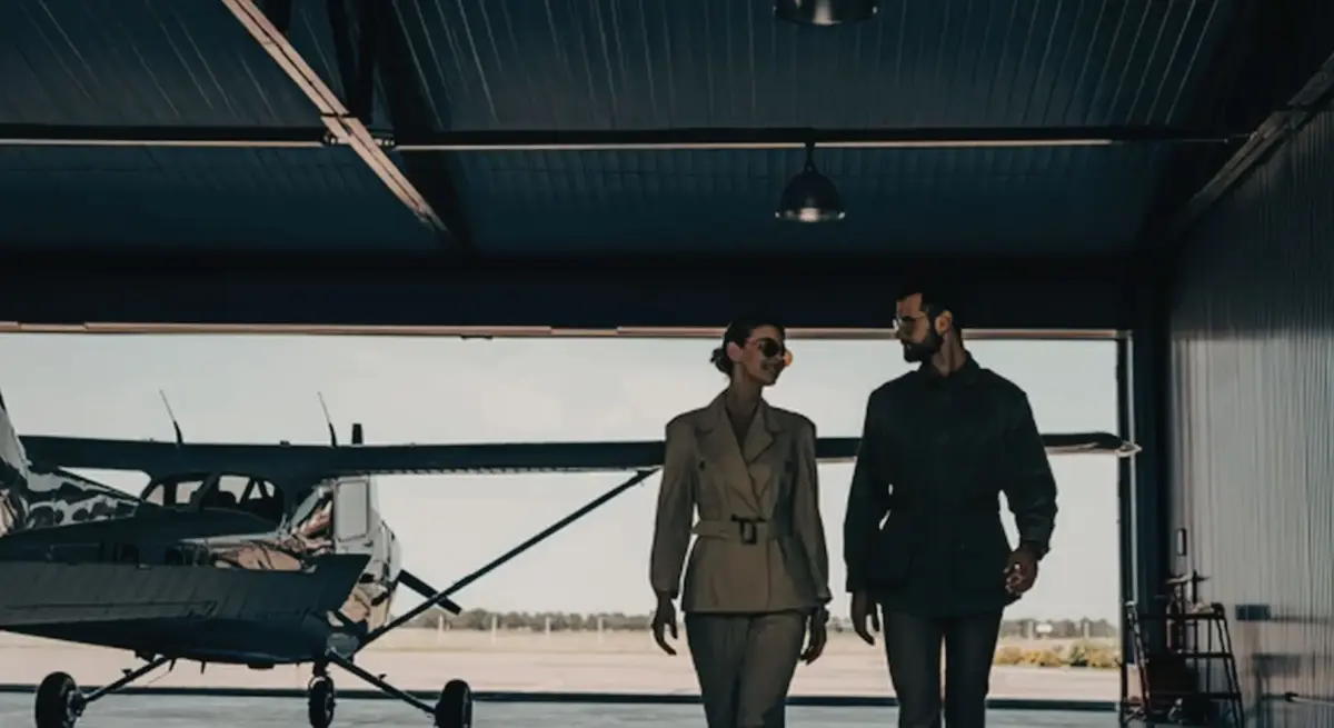 Elegantly dressed couple walking through a private aviation hangar with a charter aircraft, representing new-wealth private jet travel
