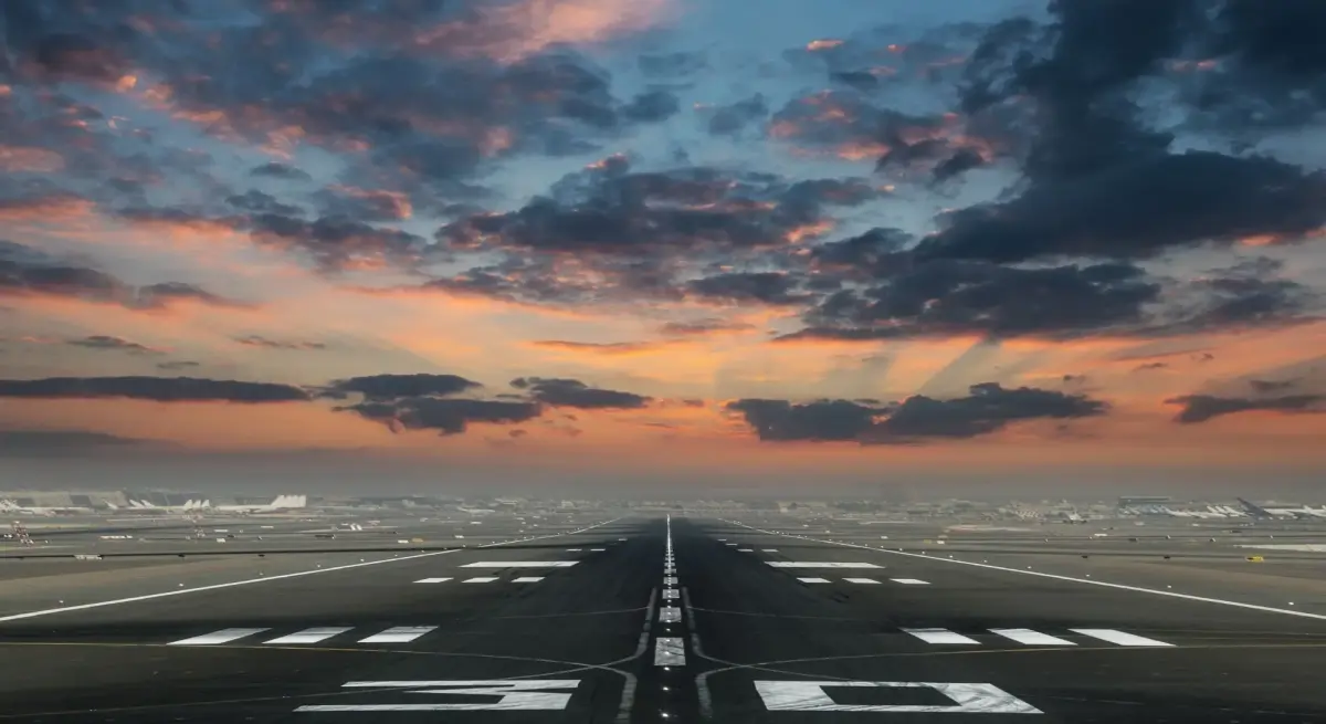 Airport runway stretching toward the horizon at sunset, evoking the premium private jet charter experience available at Edinburgh Airport