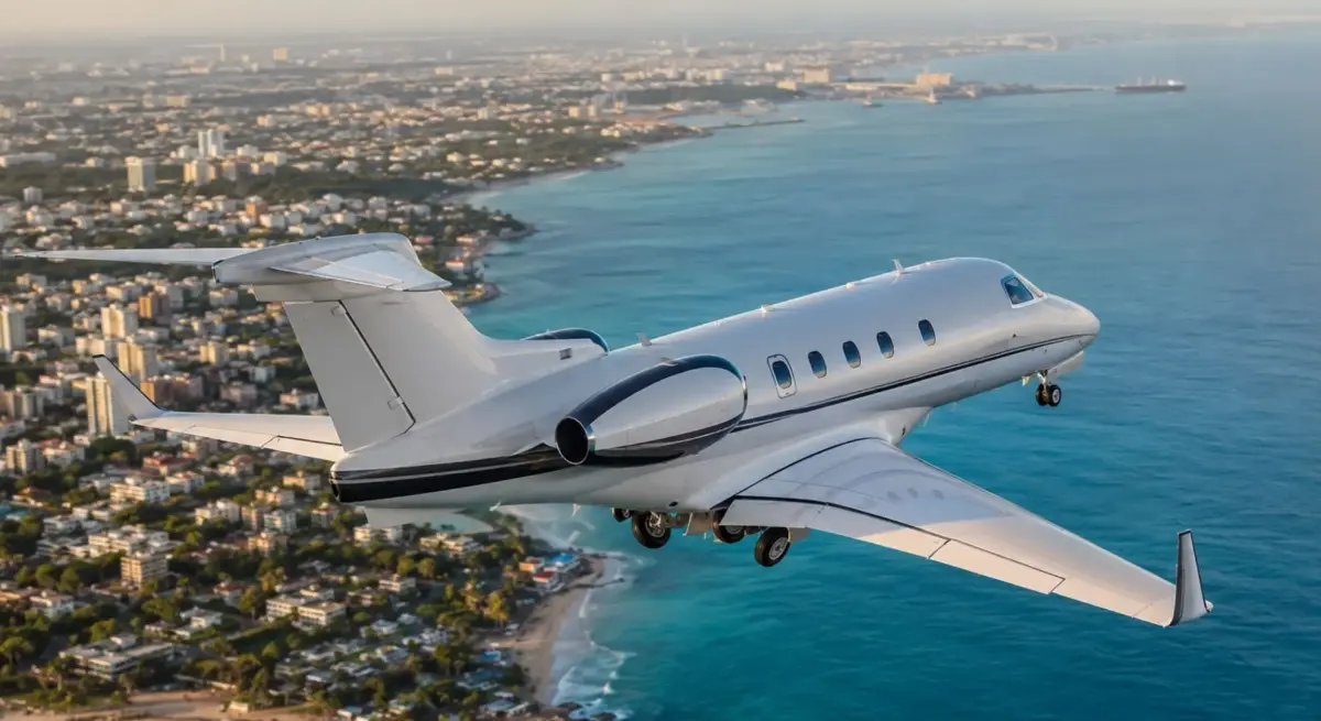 Embraer Phenom private jet in flight over a tropical coastal city