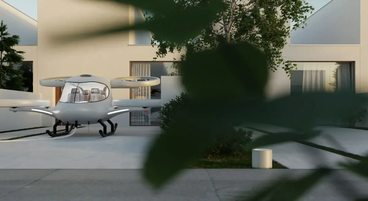 Electric vertical take-off eVTOL air taxi parked outside a modern luxury villa at dusk, showcasing premium urban air mobility for short-distance private travel