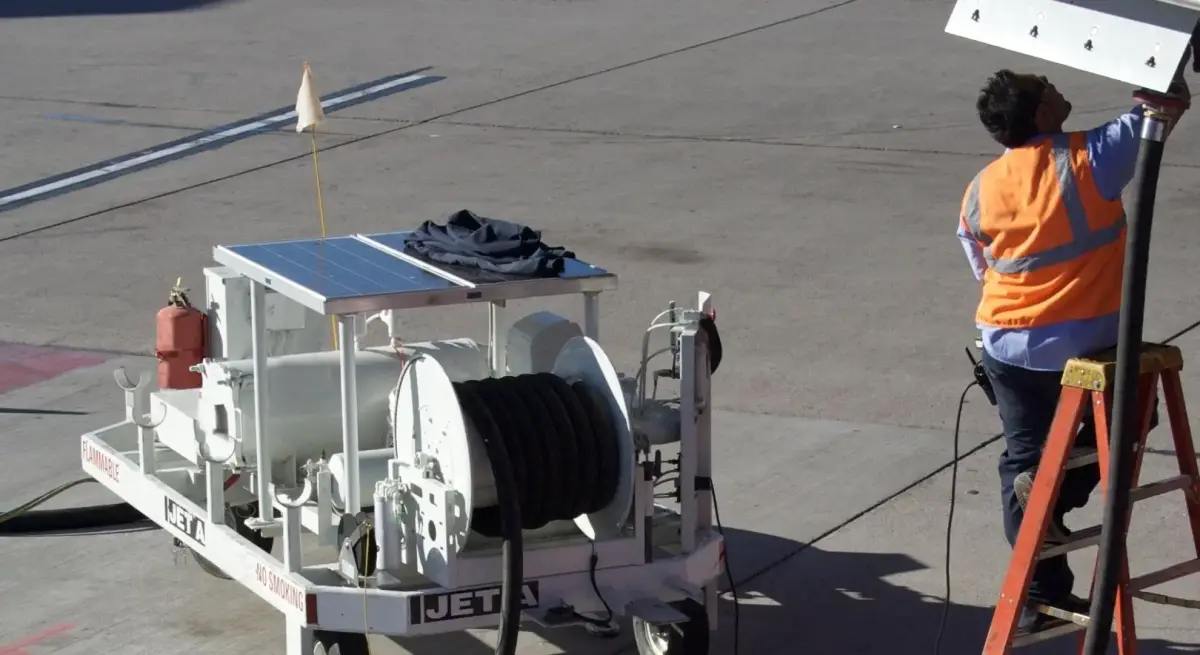 Ground crew technician services fuel cart on airport tarmac, supporting sustainable aviation fuel operations across Asia