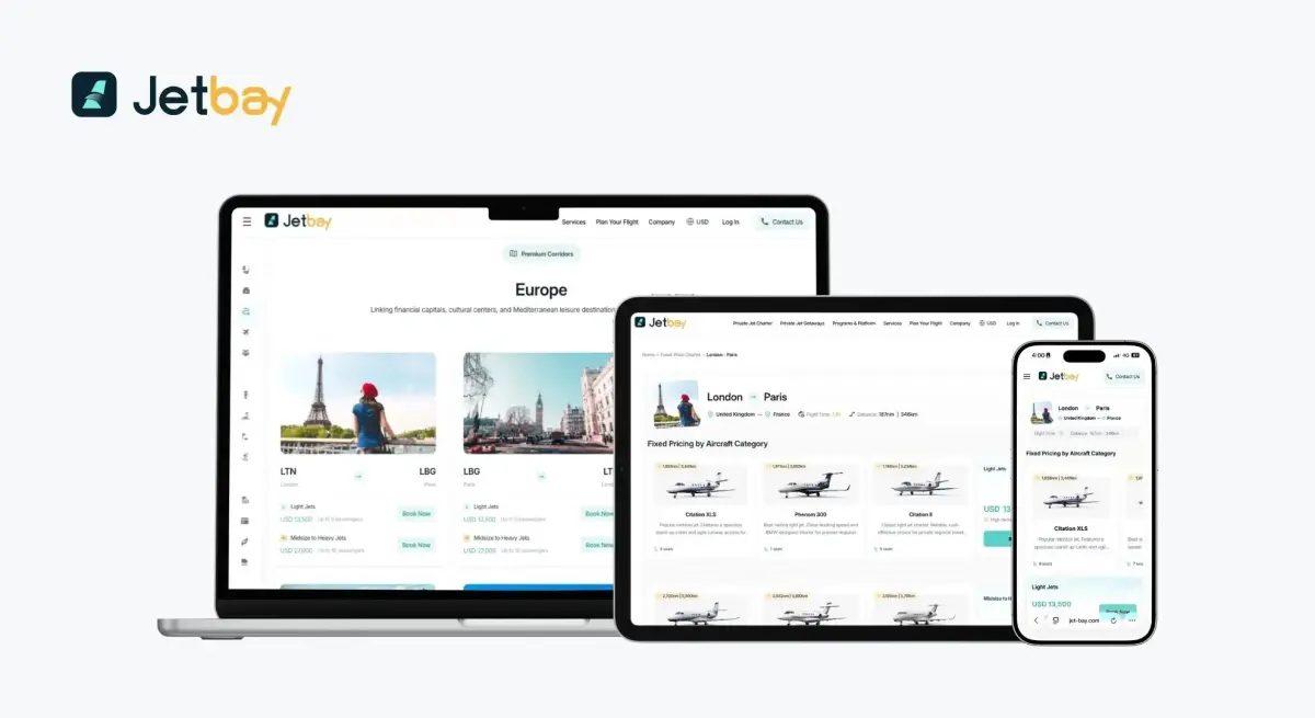 Jetbay private jet charter platform shown on laptop, tablet, and mobile displaying fixed-price London to Paris routes with aircraft categories and USD pricing
