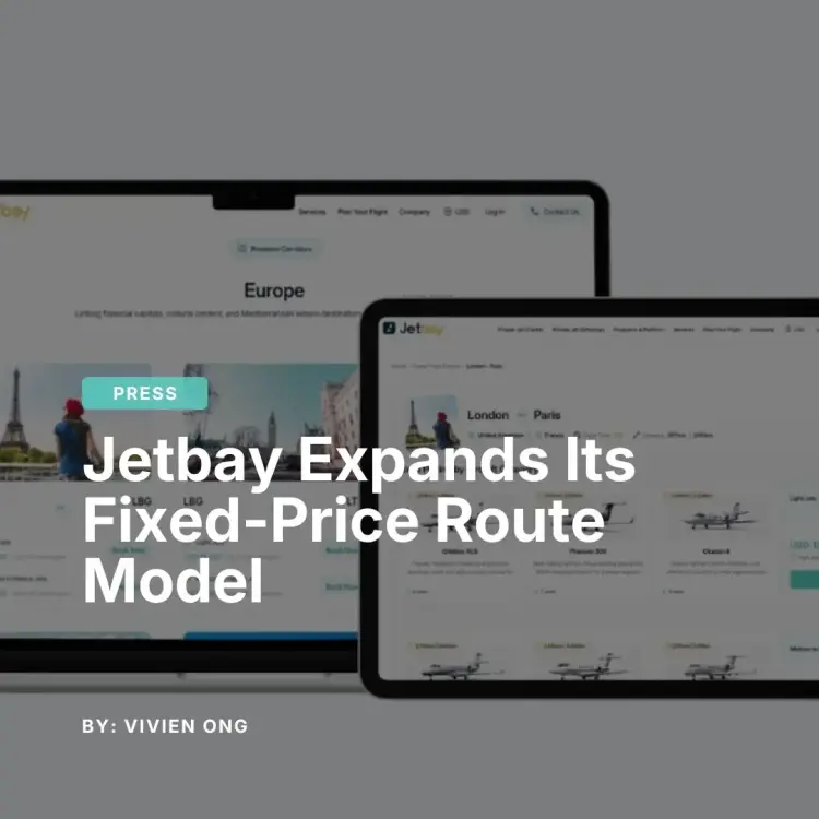 Jetbay press release featuring laptop and tablet displaying fixed-price private jet route pages for Europe and London to Paris