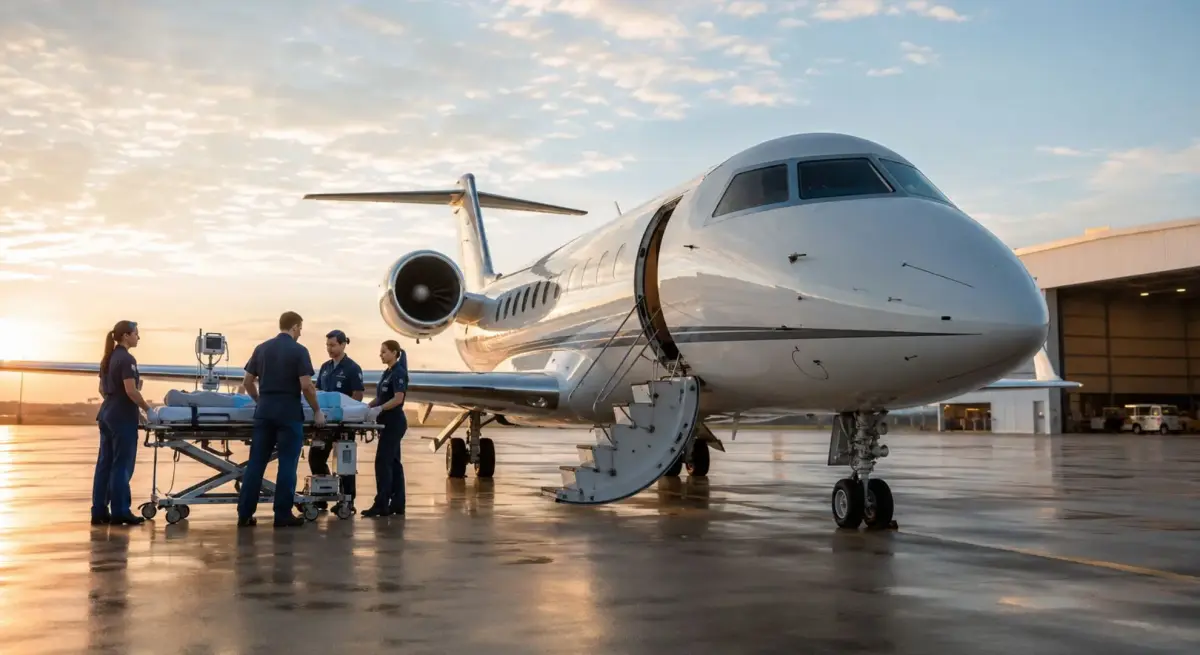 Large private jet prepared for a medevac flight with medical team and stretcher on the airport apron.