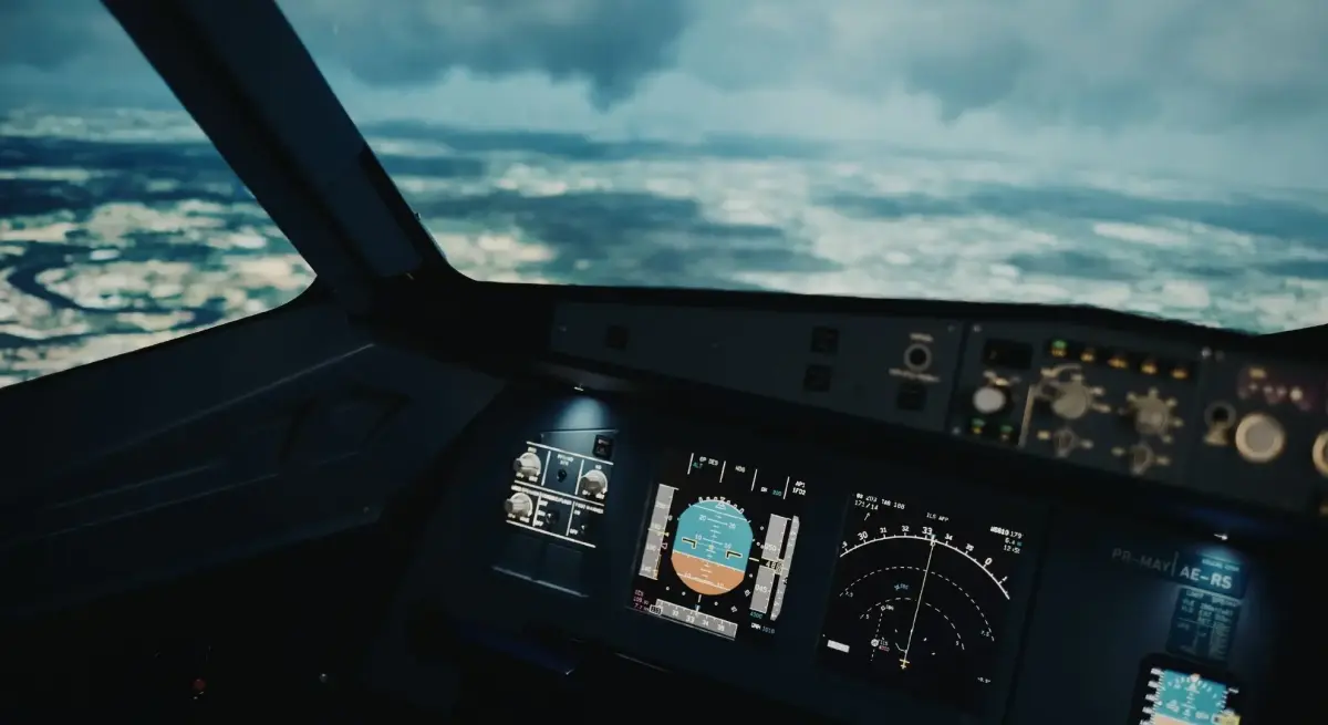 Aircraft cockpit with flight navigation instruments and cloudy skies, illustrating disruptions to private charter flights from Middle East airspace closures