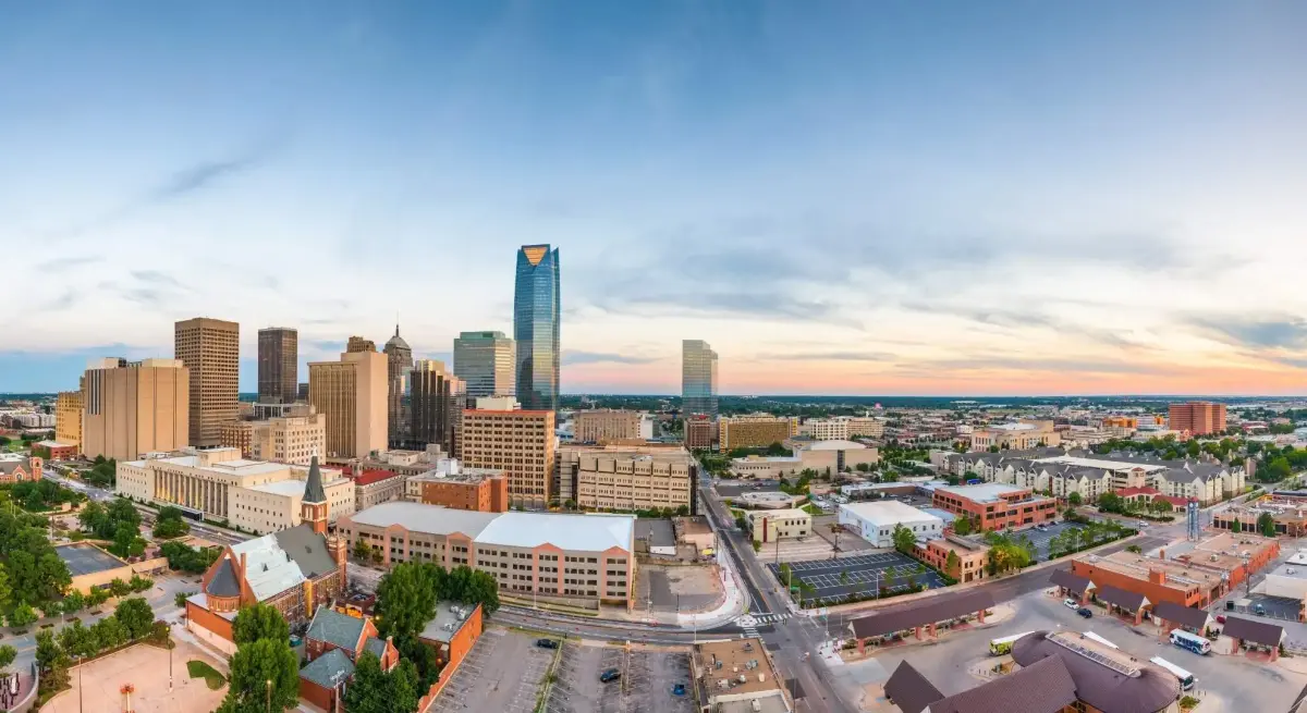 Aerial panoramic view of Oklahoma City downtown skyline at sunset