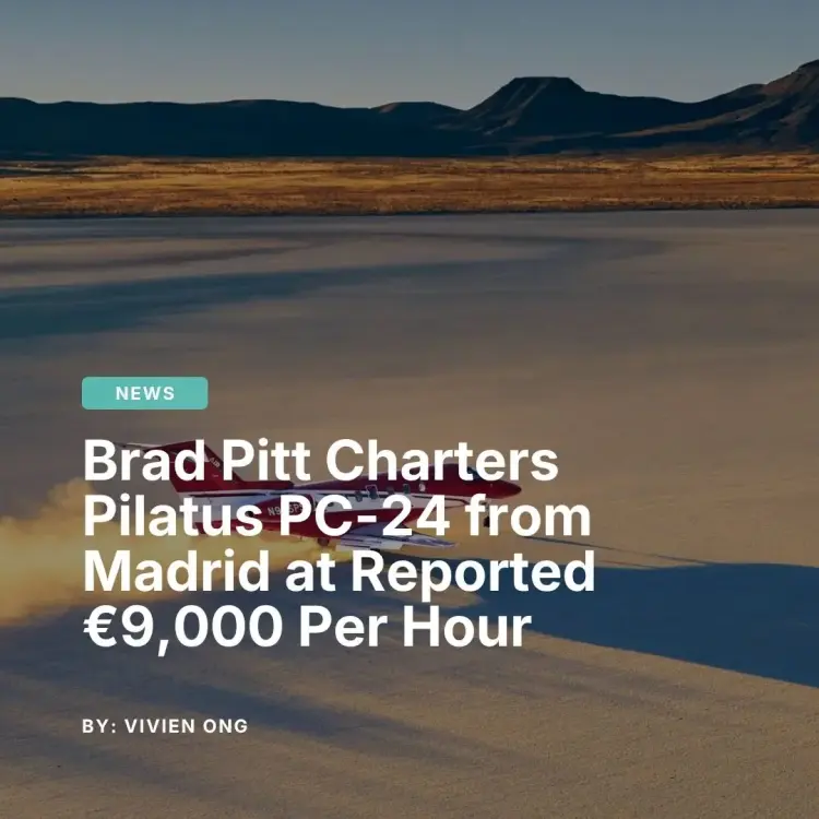 Pilatus PC-24 private jet flying low over a desert salt flat, featured in Jetbay news about Brad Pitt's Madrid charter