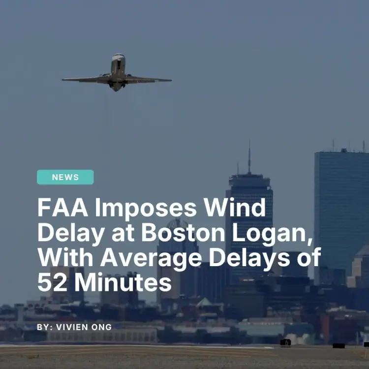 Private jet departing Boston Logan Airport with city skyline in background amid FAA wind-related ground delay advisory