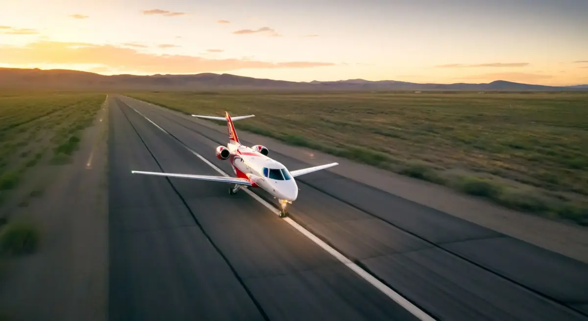 SyberJet SJ30 light jet accelerating down a runway at sunset, showcasing the speed and performance behind its record attempt