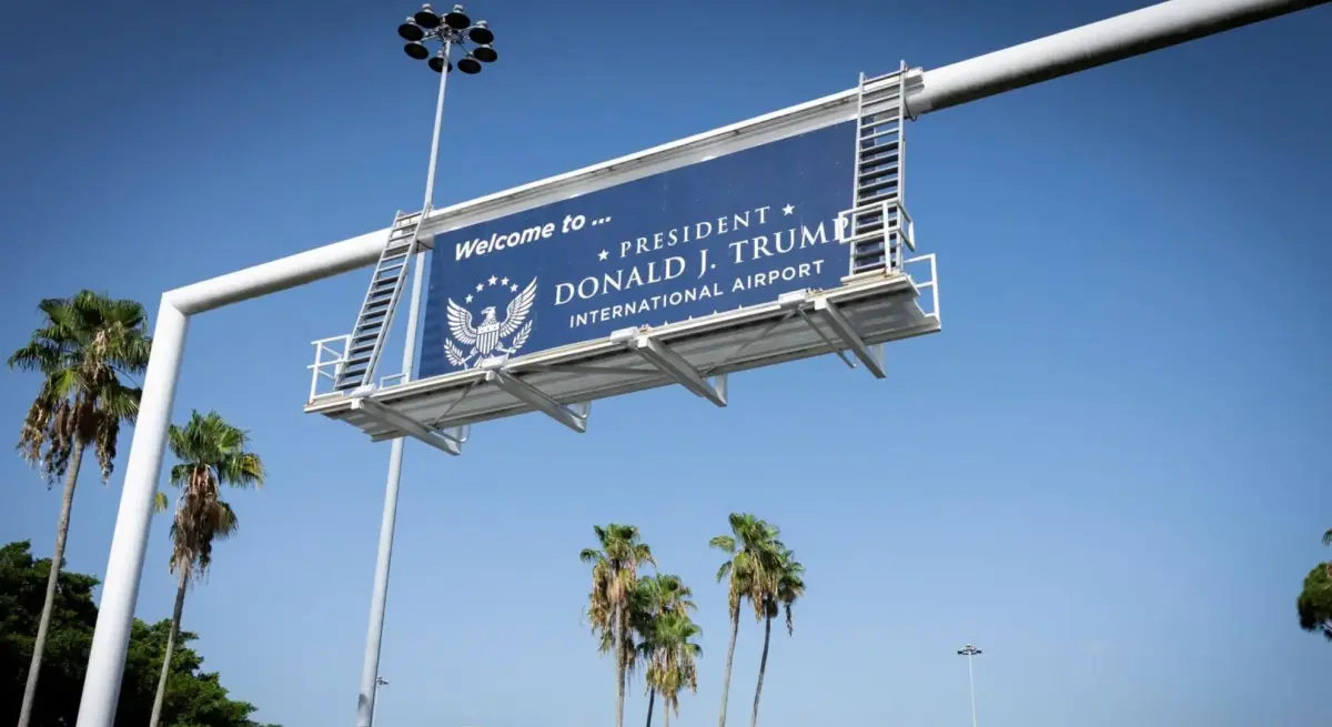 Overhead sign at President Donald J. Trump International Airport in West Palm Beach, Florida